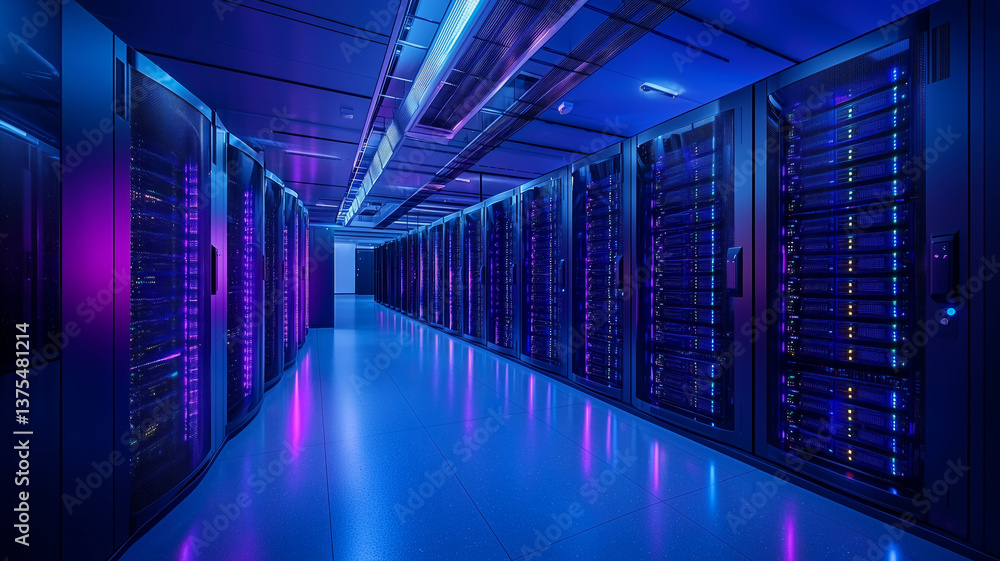 Fototapete Dark colorful servers center room with computers and storage systems. Generative ai
