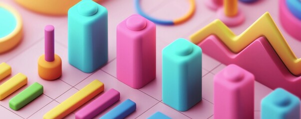 A colorful, abstract representation of data visualization with various geometric shapes and graphs on a soft pastel background.