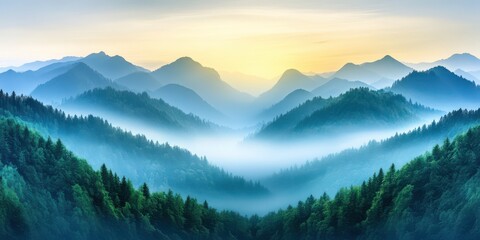 Obraz premium Misty Mountain Valley at Sunrise with Forested Peaks