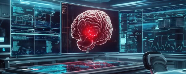 A futuristic lab showcasing a digital brain with data analysis screens, emphasizing technology and neuroscience.