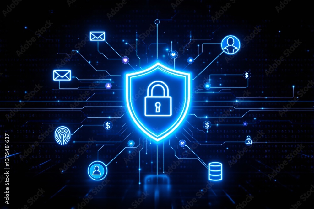 Aufkleber Cybersecurity shield with digital lock and network connections on dark background.