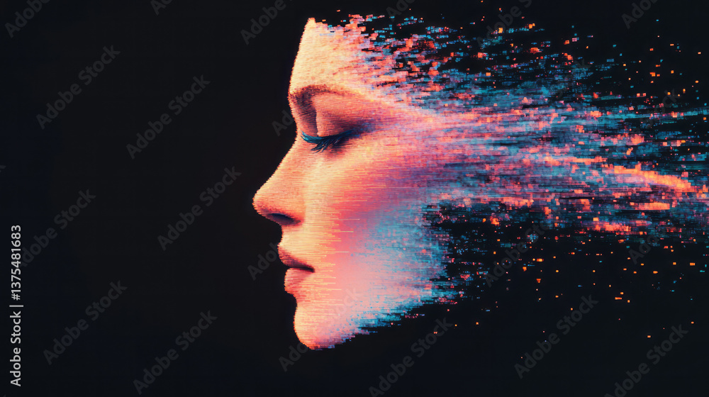 Aufkleber a stylized, glitchy portrait of a face dissolving into streams of colorful particles and sine-wave