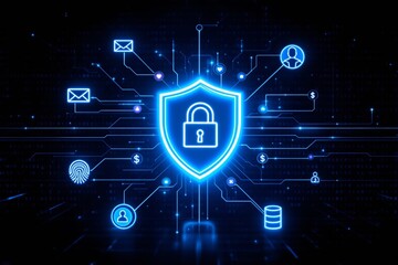 Cybersecurity shield with digital lock and network connections on dark background.