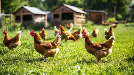 Fototapeta premium A group of free range chickens wandering and foraging in a lush grassy field with three rustic chicken coops visible in the background under a bright sunny sky