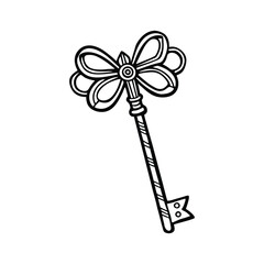Line art drawing of an antique key with an intricate bow design and a long worn shaft vector illustration.eps