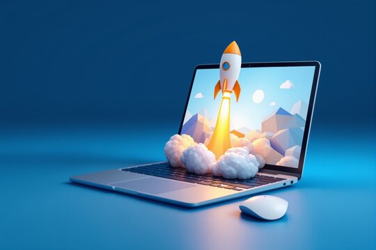Creative rocket launching from laptop symbolizing startup success.