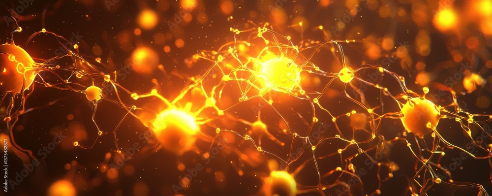 Poster abstract depiction of interconnected neurons emitting light, showcasing the complexity and beauty of