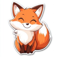Obraz premium Cute smiling cartoon fox with fluffy tail and closed eyes sitting happily, adorable character illustration.