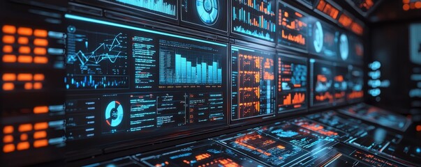 Obraz premium A futuristic digital dashboard displaying various data visualizations, graphs, and metrics in vibrant blue and orange colors.