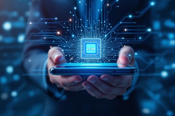 Futuristic eSIM technology concept with glowing circuit board above smartphone.