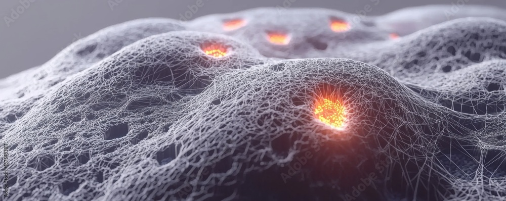 Poster a close-up view of a textured surface with glowing points, resembling a digital landscape or abstrac
