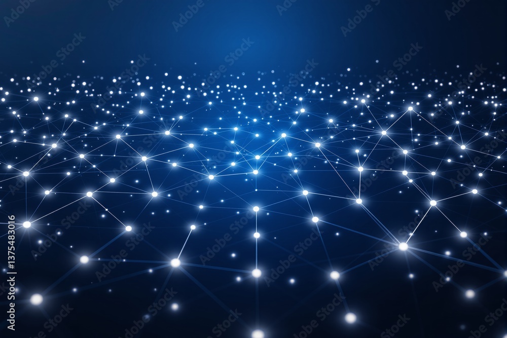 Aufkleber abstract digital network with glowing nodes and connections on a deep blue background.