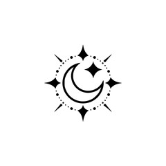 Black Moon & Stars Graphic on White Background, Minimalist Design