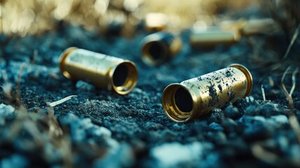 Discarded bullet casings on gravelly ground