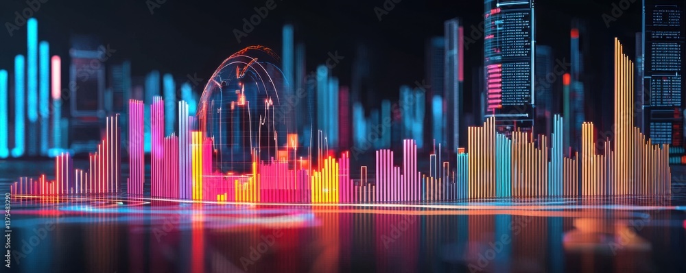 Aufkleber a vibrant digital skyline featuring colorful data visualizations, representing technology and urban 