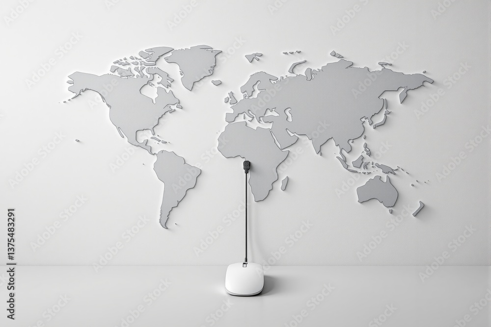 Poster Computer mouse connected to a world map on a white background.