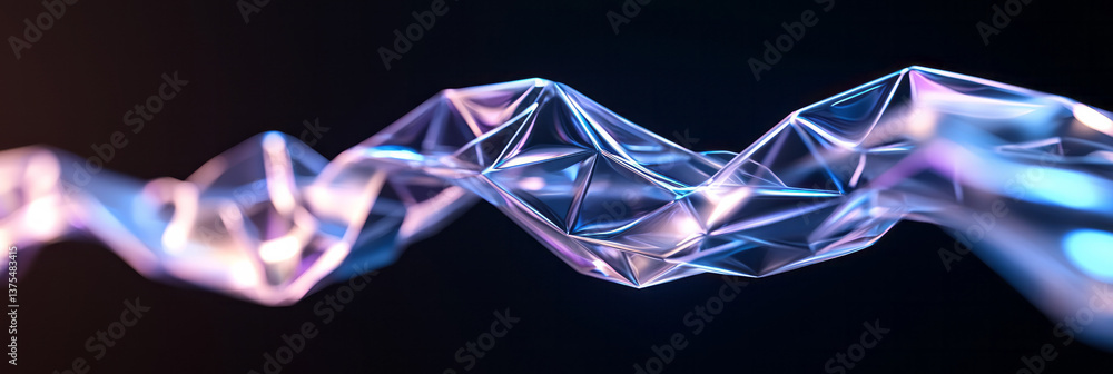 Poster floating polygonal crystals in deep black tones with iridescent edges, forming an undulating wave