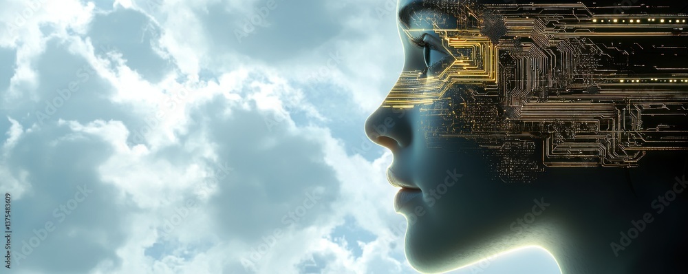 Poster a futuristic profile of a woman with digital circuitry patterns against a cloudy sky, symbolizing th