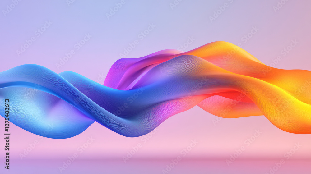 Poster a sculptural metallic wave in vibrant gradient tones, suspended in space and glowing with fluid