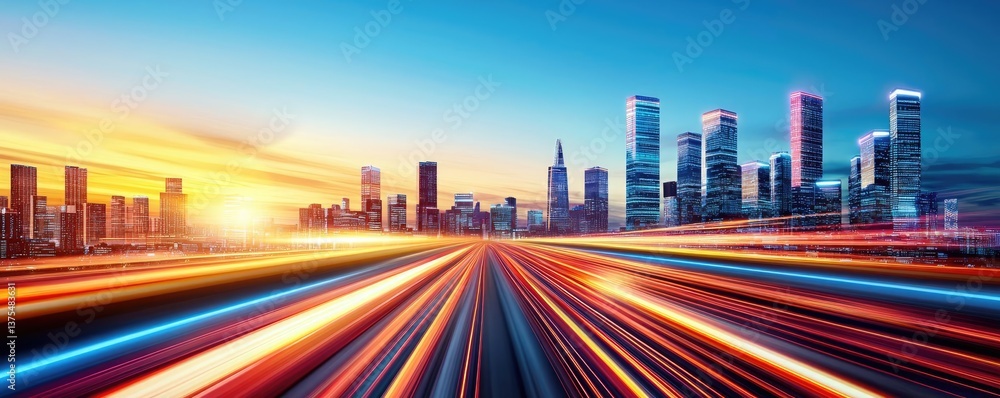 Poster motion blur city in a digital future with technology panorama concept. dynamic city skyline with vib