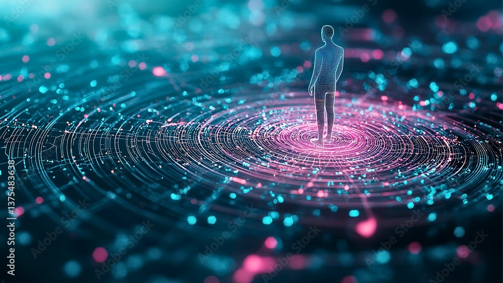 Poster a solitary figure stands within a swirling vortex of digital data, surrounded by a mesmerizing displ