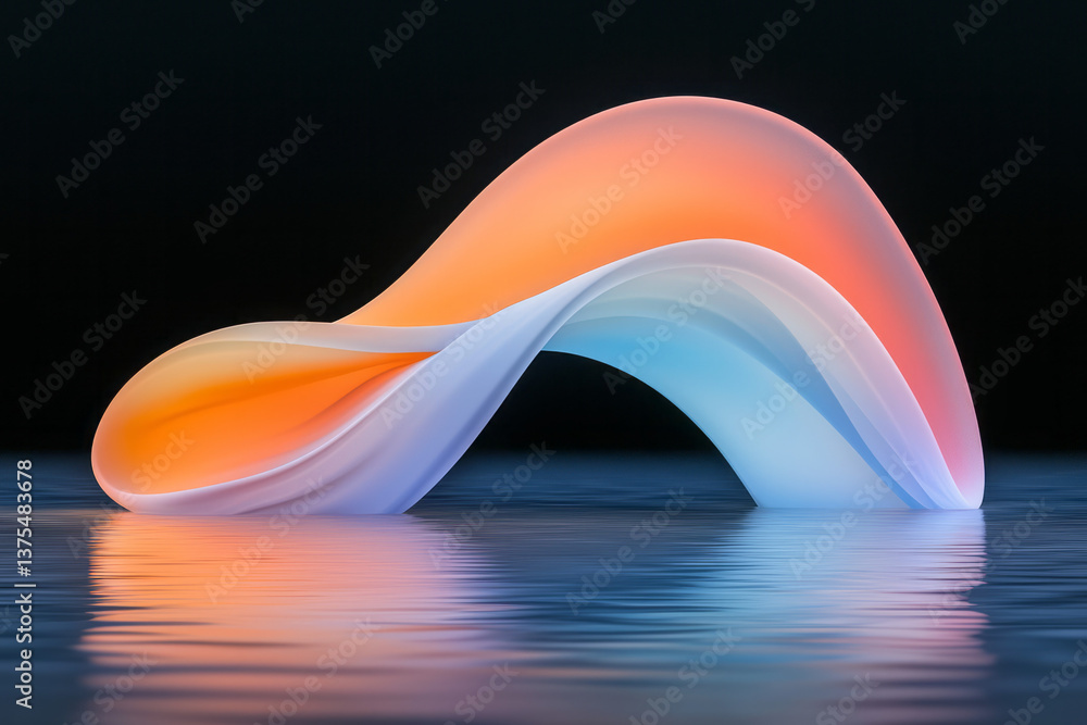 Poster a surreal arc of twisting metal in shifting gradient hues, floating on a black background with