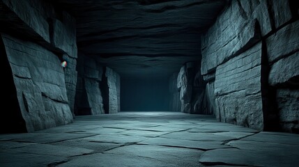 A dark and mysterious stone corridor extends into the unknown depths of a subterranean cave system revealing a dimly lit path ahead.