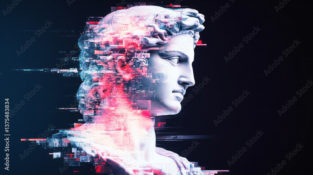 Aufkleber A futuristic reinterpretation of a classical statue head, brightly colored and glitching into a