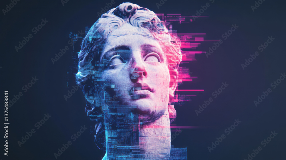 Aufkleber a futuristic reinterpretation of a classical statue head, brightly colored and glitching into a