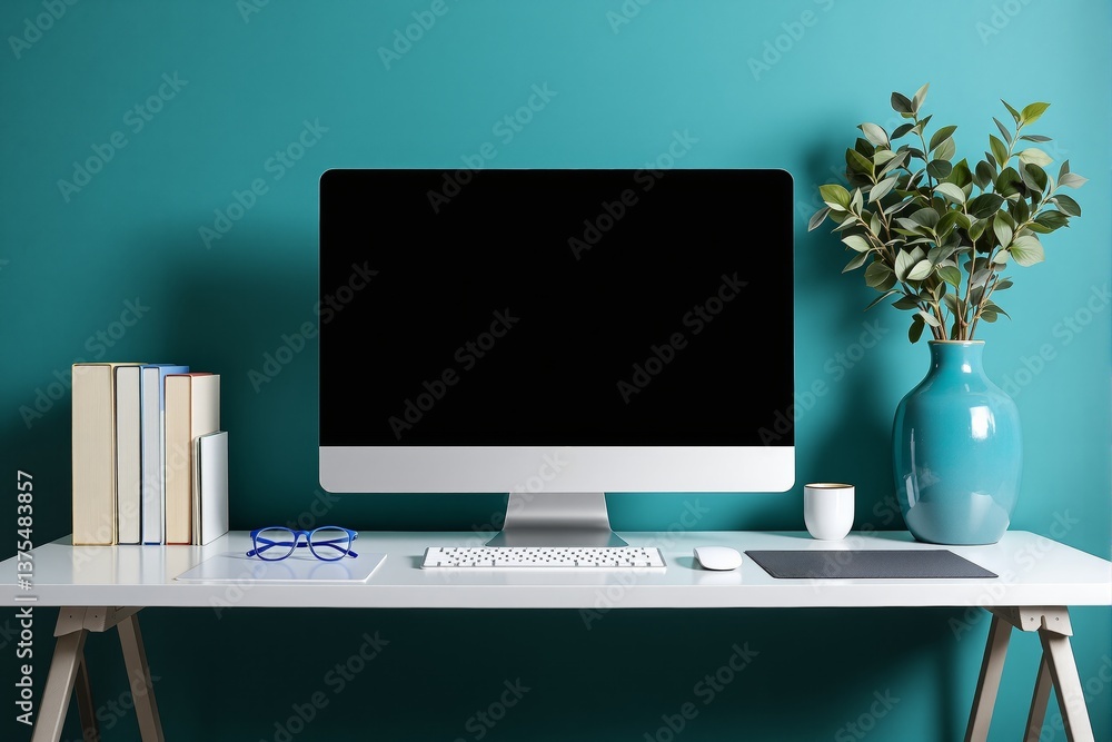 Poster Minimalist workspace with computer and books on white desk.