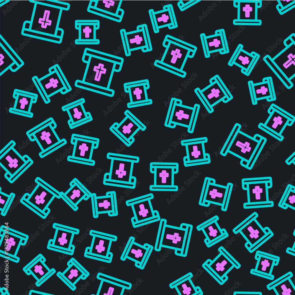 Poster line flag with christian cross icon isolated seamless pattern on black background. vector