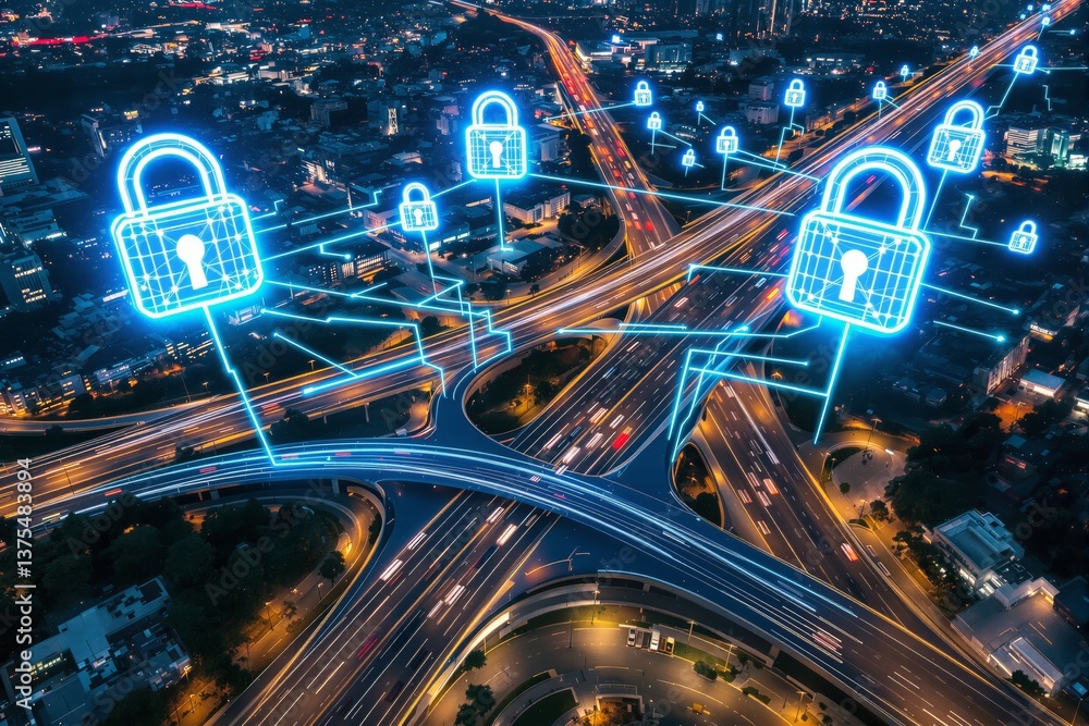 Poster cybersecurity concept with glowing padlocks over a highway network at night.