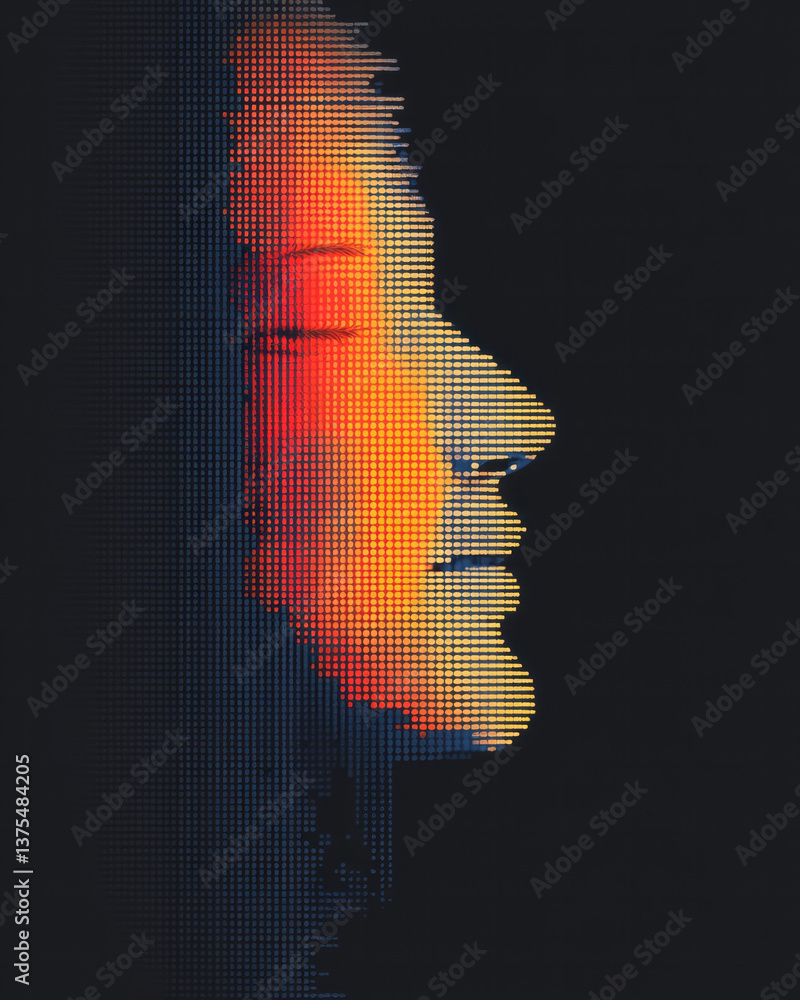 Poster a modern digital art piece showing a colorful distorted statue face emerging from static lines and