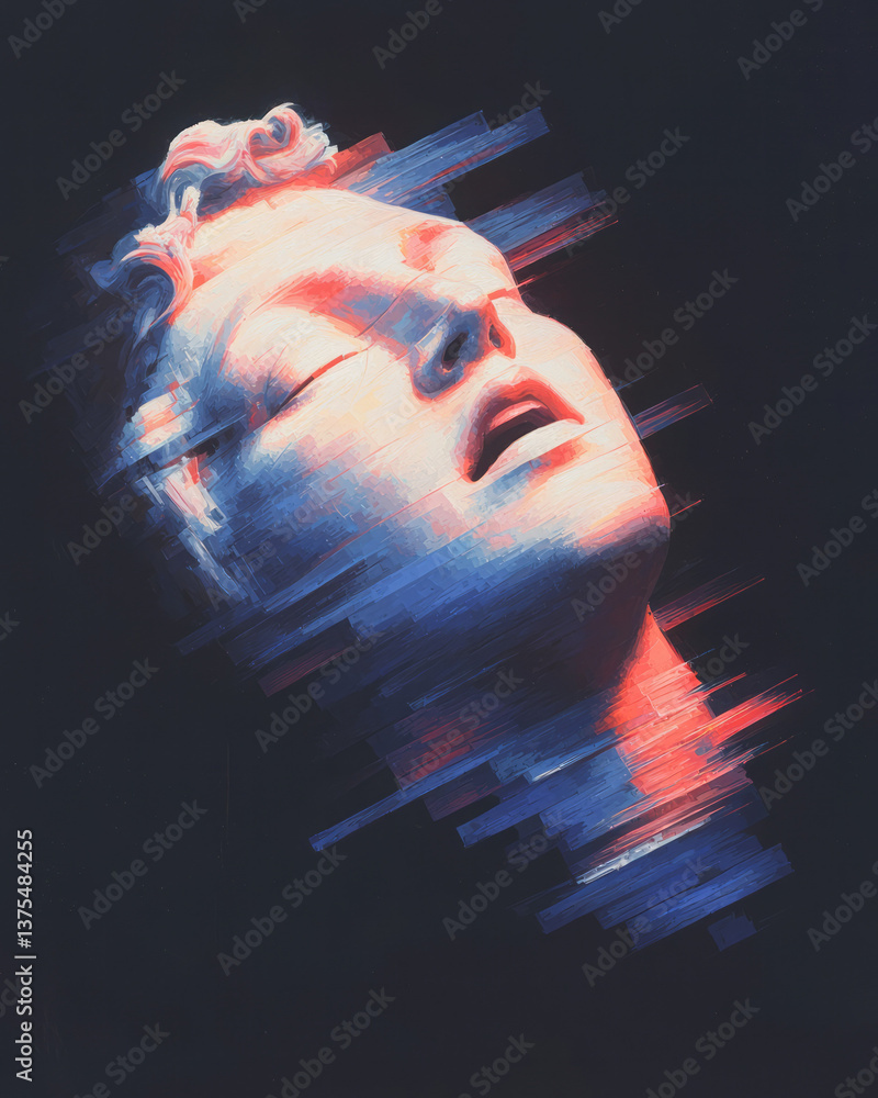 Aufkleber a modern digital art piece showing a colorful distorted statue face emerging from static lines and