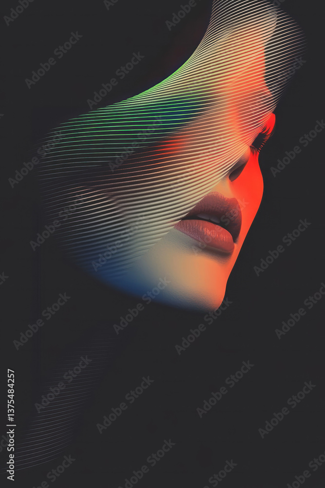 Poster a digital fresco of a rainbow-tinted face flickering with wave-like distortion inside a minimalist