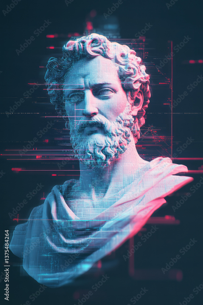 Poster A color-rich 3D statue bust breaking into glitch geometry, surrounded by a black virtual grid