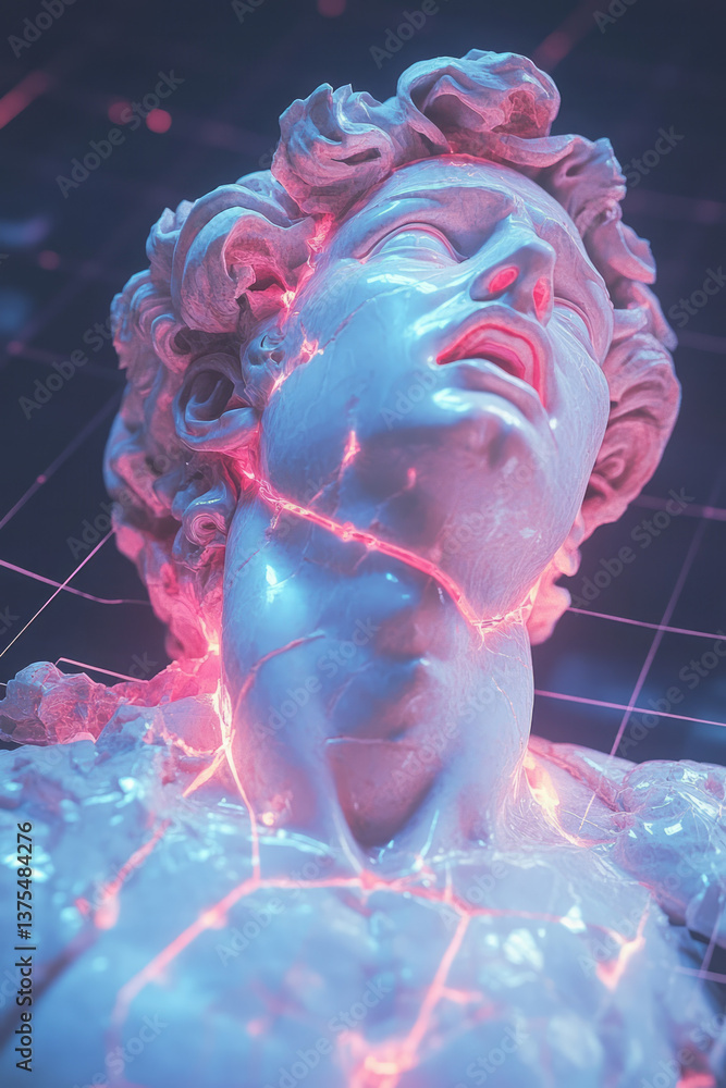 Poster a color-rich 3d statue bust breaking into glitch geometry, surrounded by a black virtual grid