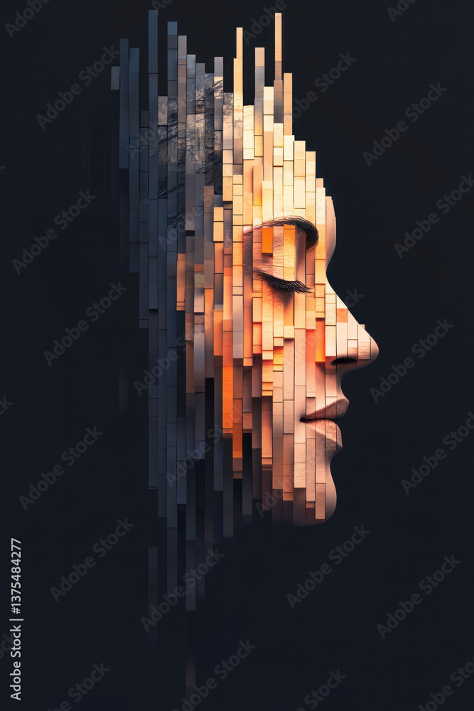 Poster a statue-inspired face formed from fragmented rainbow pixels and distorted data waves, fading in