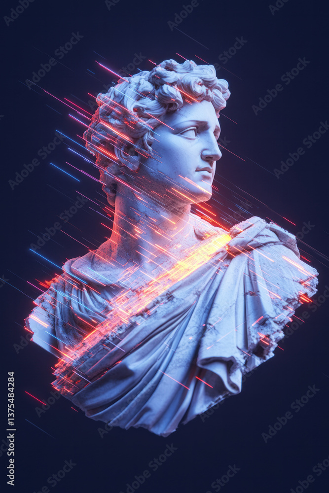 Poster a color-rich 3d statue bust breaking into glitch geometry, surrounded by a black virtual grid