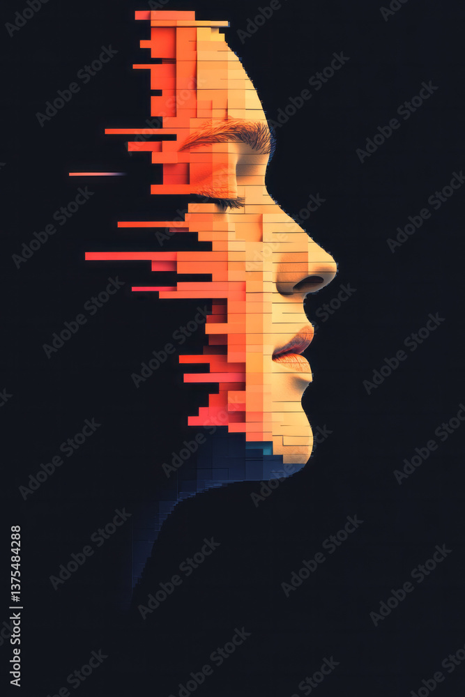 Poster a statue-inspired face formed from fragmented rainbow pixels and distorted data waves, fading in