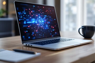 Futuristic digital interface on laptop screen in modern workspace.