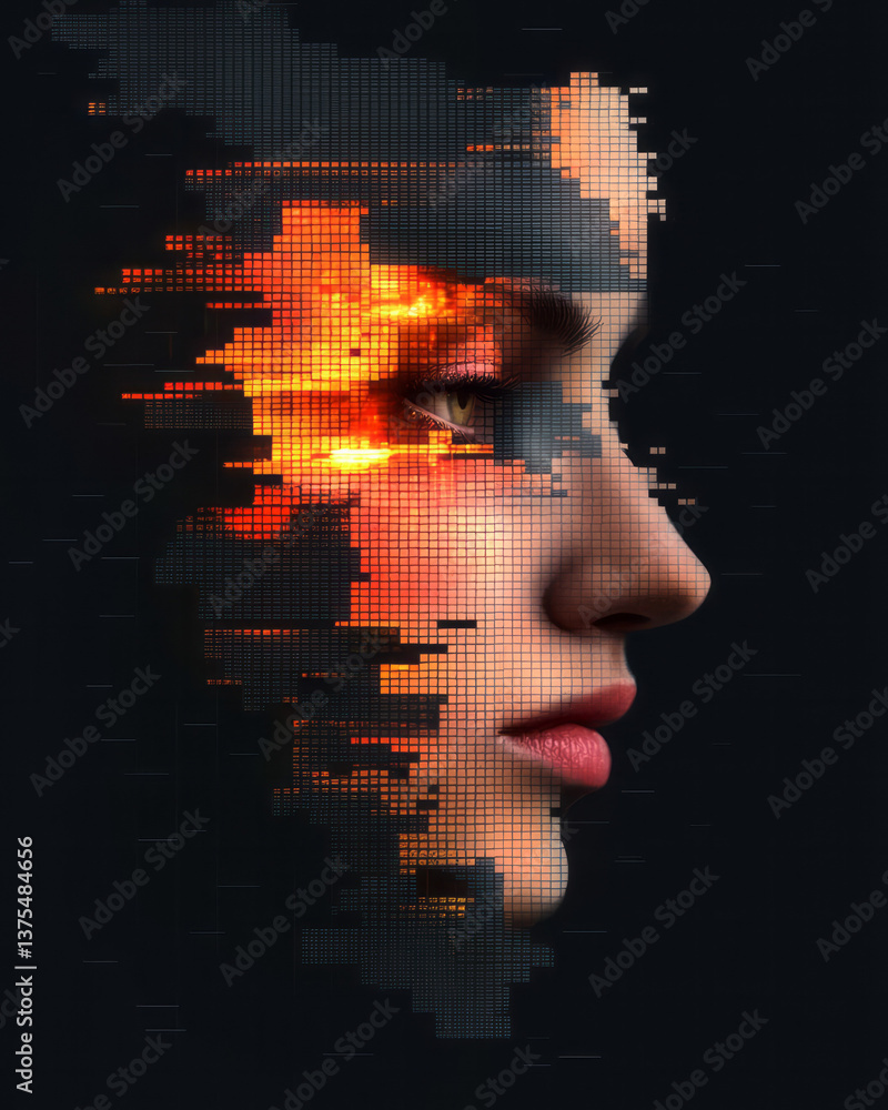 Aufkleber a concept art of a colorful face appearing as a data phantom within a glitchy black grid, caught