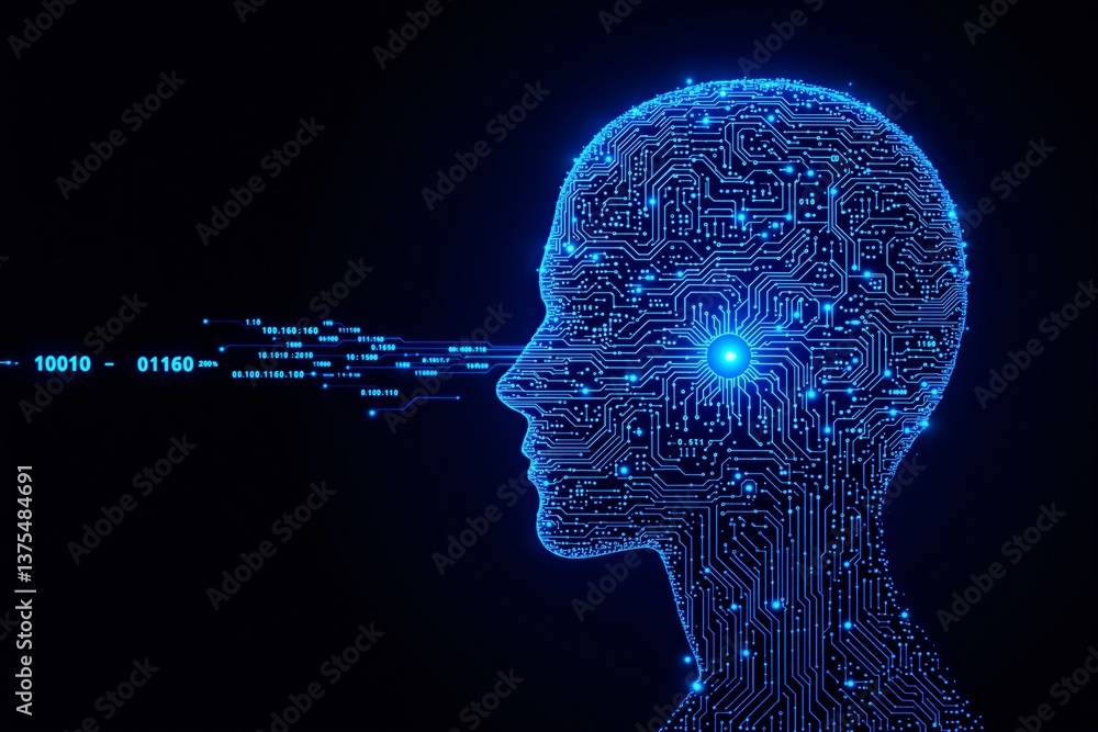 Aufkleber Futuristic AI-powered human head with glowing circuits and binary data flow.
