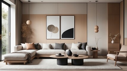 Harmoniously styled japandi living room featuring a cozy couch and coffee table creating a calm and inviting atmosphere
