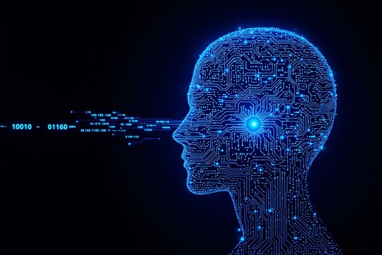 Futuristic AI-powered human head with glowing circuits and binary data flow.