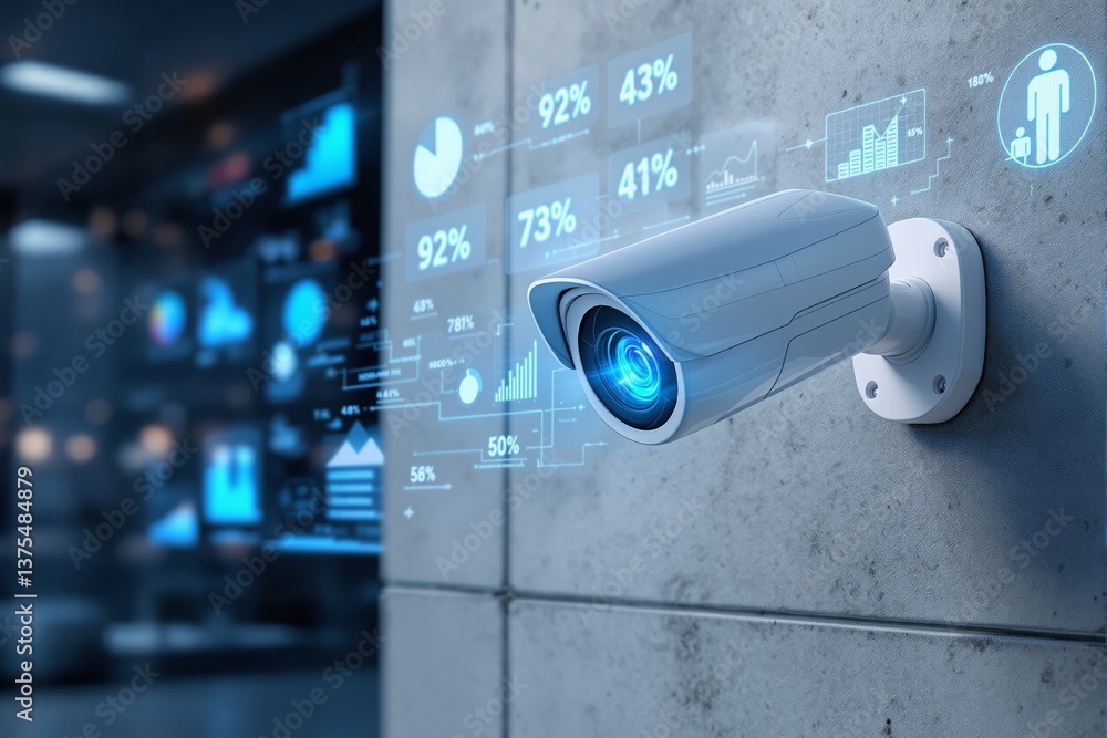 Poster futuristic security camera with digital interface on a concrete wall.
