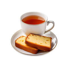White cup of tea with cake slices on transparent background
