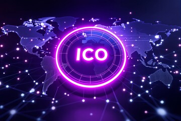 ICO glowing digital concept on world map background.