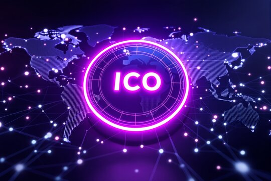 ICO glowing digital concept on world map background.