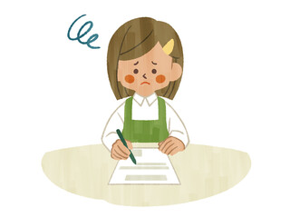 困った表情で書類に記入しているエプロンを着用した女性-ガッシュ